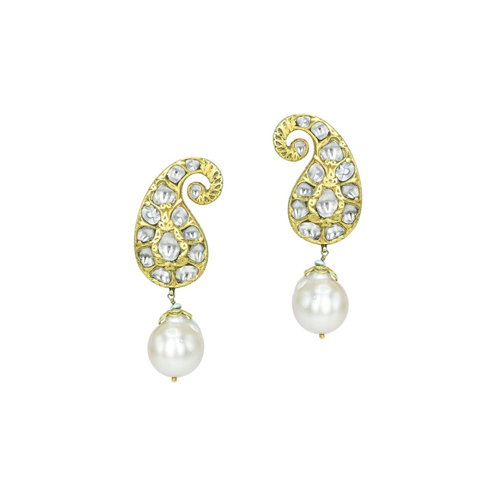 Paisley Polki Earrings with Pearl Drops
